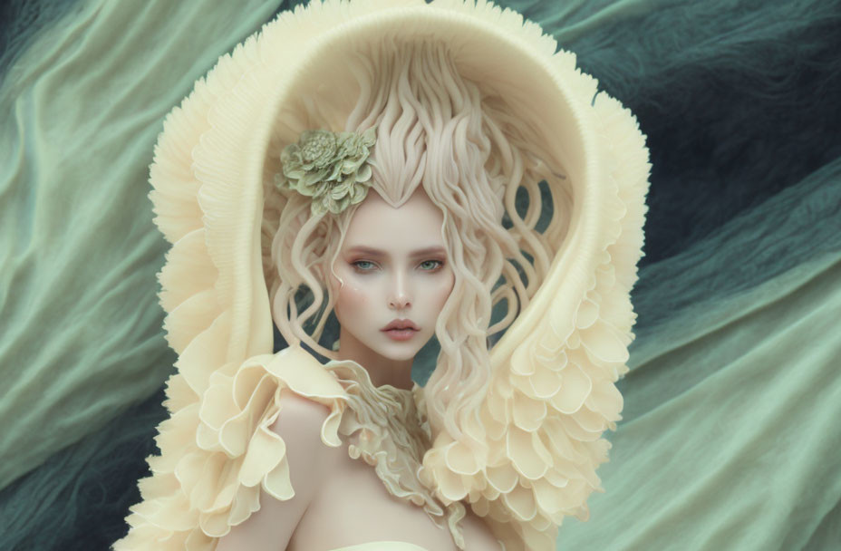 Ethereal woman with cream ruffles on green background