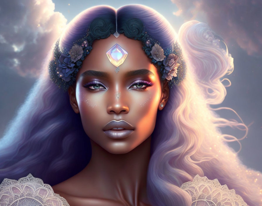 Illustrated portrait of woman with purple hair, glowing skin, crystal tiara, and intricate makeup under