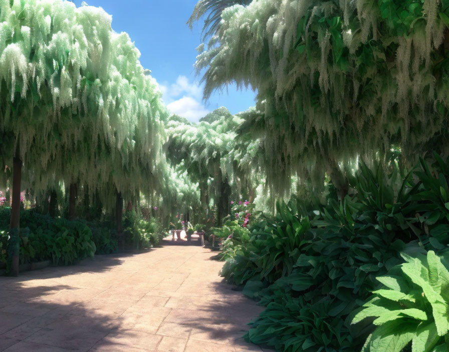 Tranquil garden path with white blossoms and green foliage