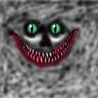 Cheshire Cat digital artwork with wide grin and green eyes on starry gray background