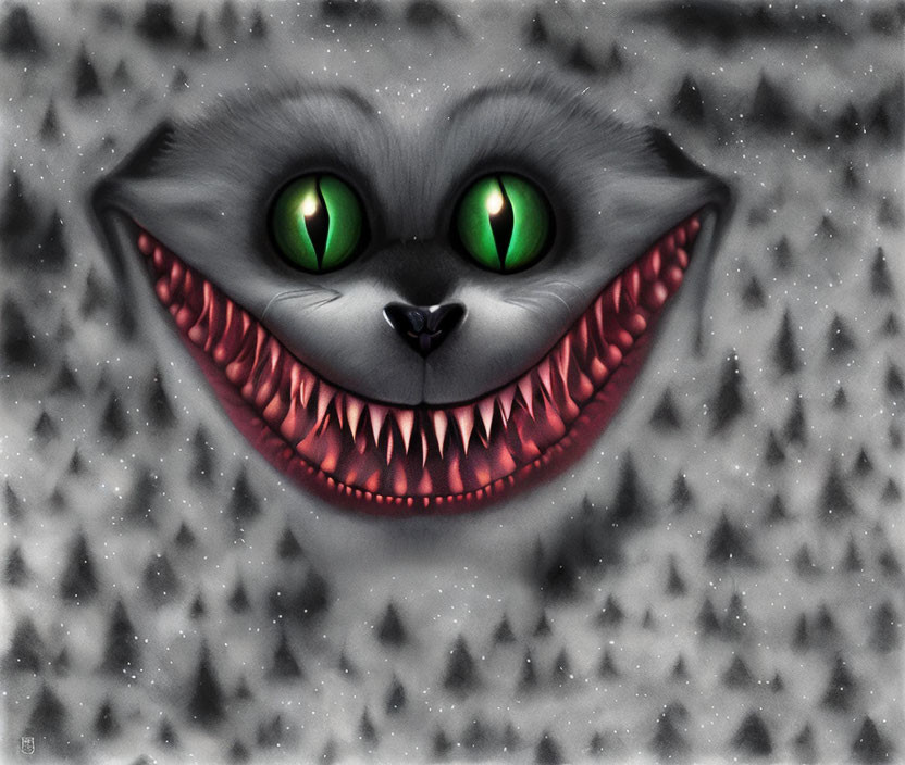 Cheshire Cat digital artwork with wide grin and green eyes on starry gray background