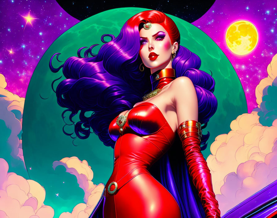 Vibrant purple-haired woman in red attire against cosmic backdrop