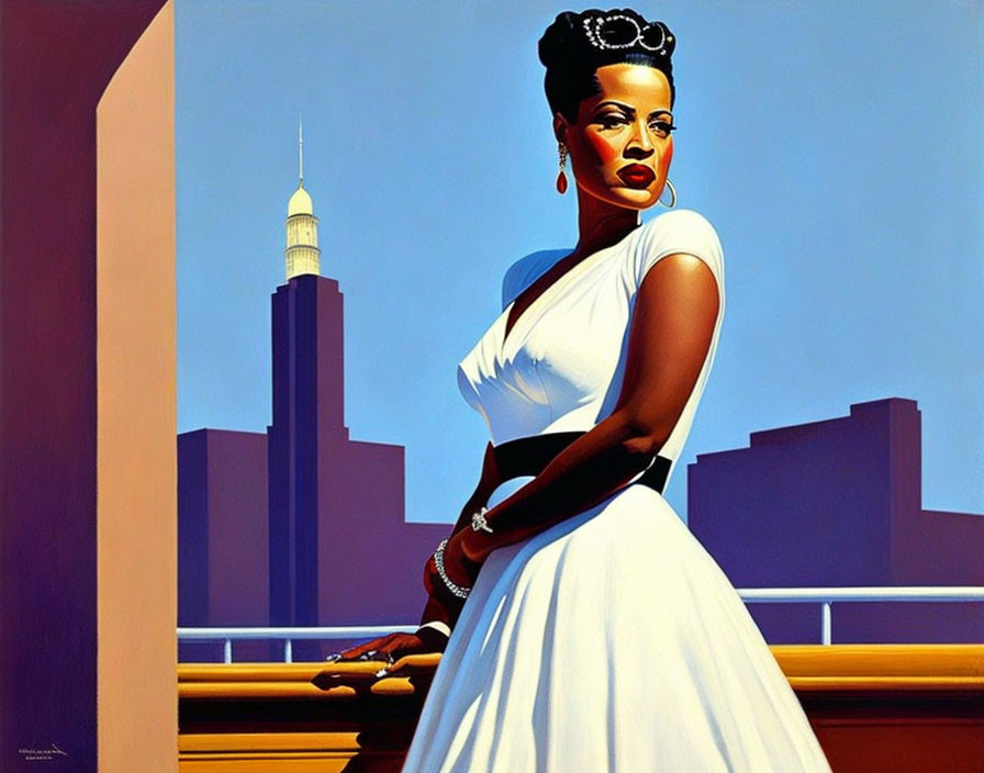 Illustrated portrait of woman in white dress, black belt, tiara, against city skyline.