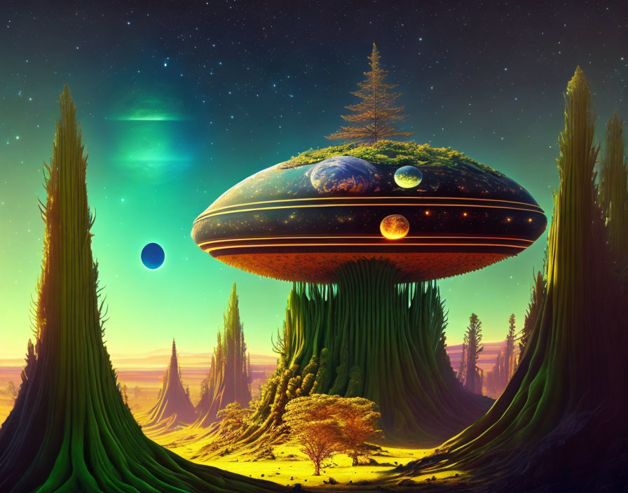 Fantastical landscape with towering green trees and UFO under starlit sky