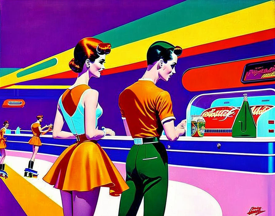 Stylized man and woman at retro-futuristic diner counter