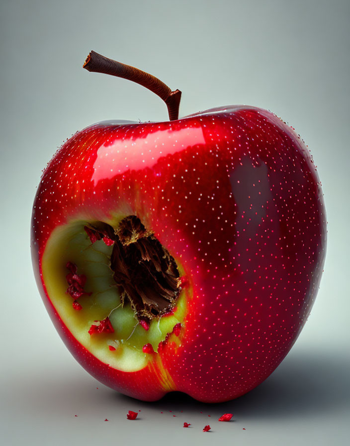 Red apple with bite and core against gray background with water droplets.