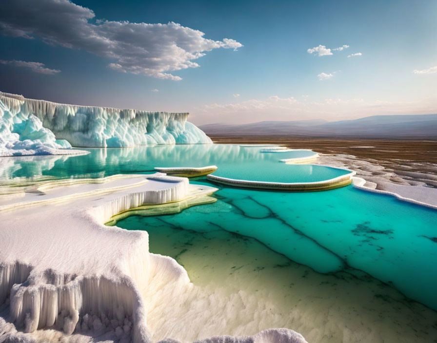 Tranquil turquoise pools with white mineral terraces under a blue sky