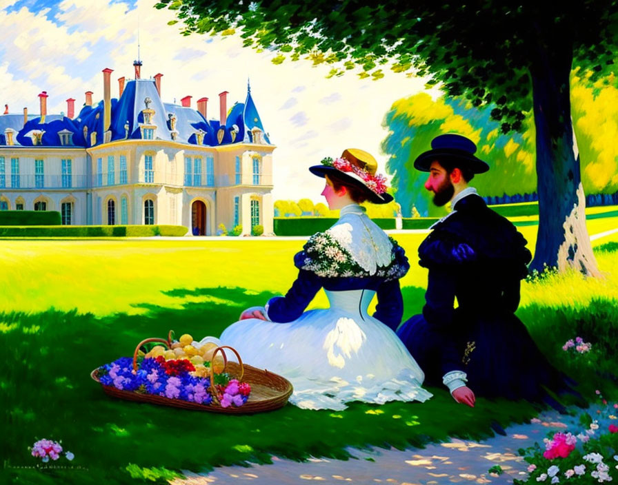 Victorian-era couple near fruit basket at grand chateau in lush landscape