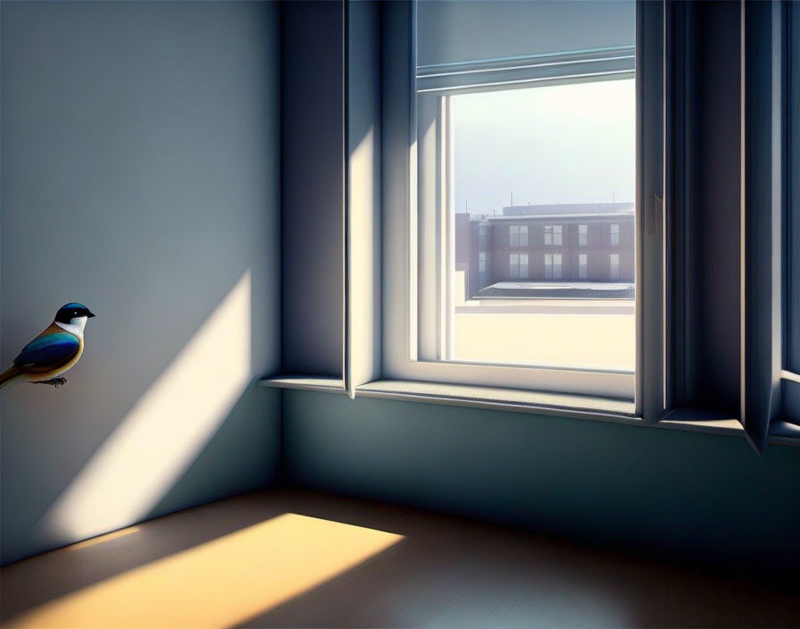 Bird perched by open window with sunlight and city view.