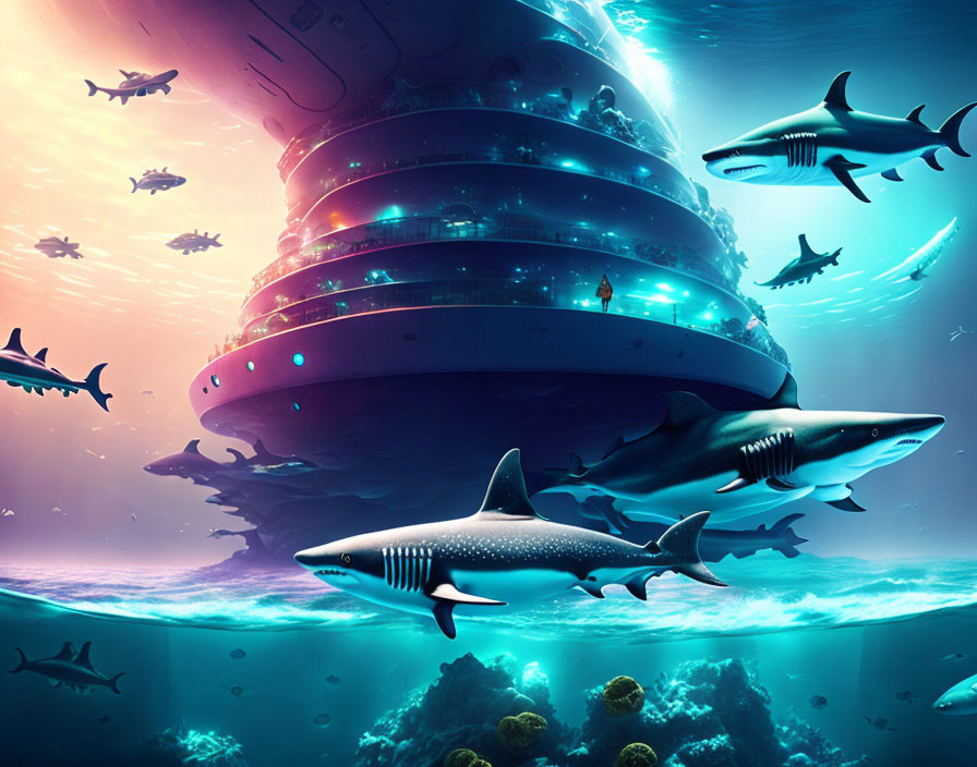 Futuristic multi-tiered circular structure in underwater scene