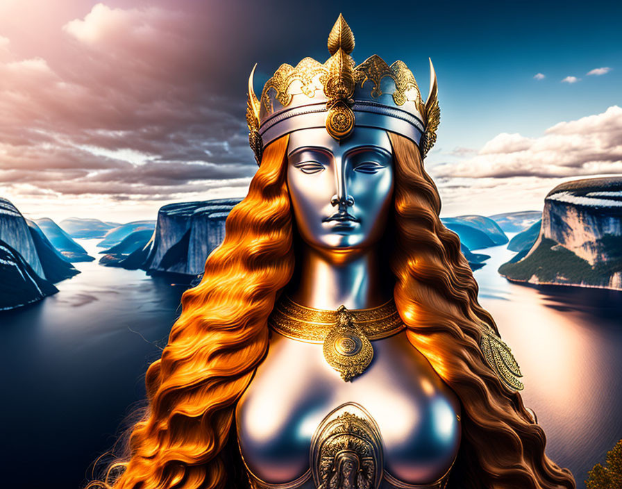 Majestic female figure with red hair and golden crown against sunlit cliffs