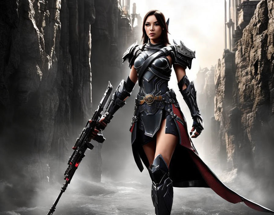 Fantasy armor-clad woman with spear in dramatic cliff setting