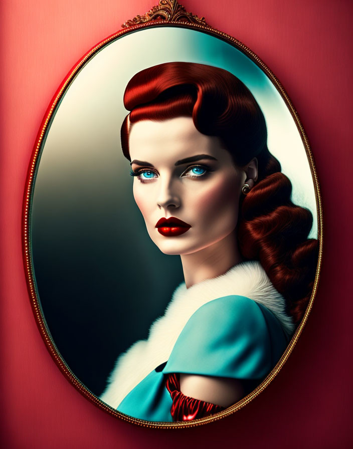 Stylized portrait of woman with red hair and bold lipstick in blue outfit framed by ornate oval