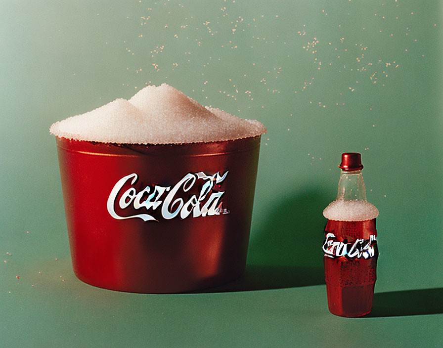 Red Coca-Cola bucket with sugar and bottle on green background.