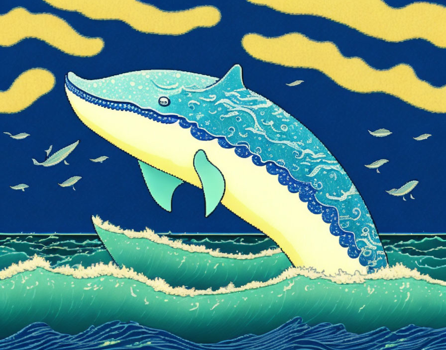 Whimsical blue and yellow dolphin leaping over ocean waves in textured illustration