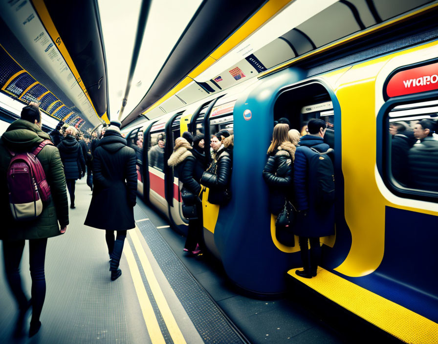 Busy subway train station with vibrant yellow line markings and blue train doors