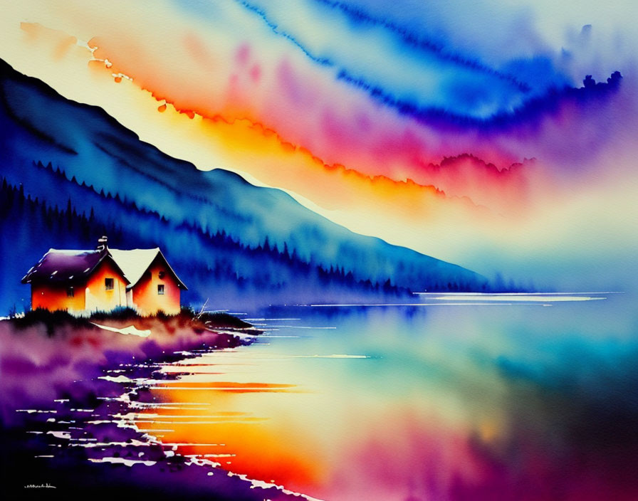 Colorful watercolor painting of illuminated houses by a lake at sunset