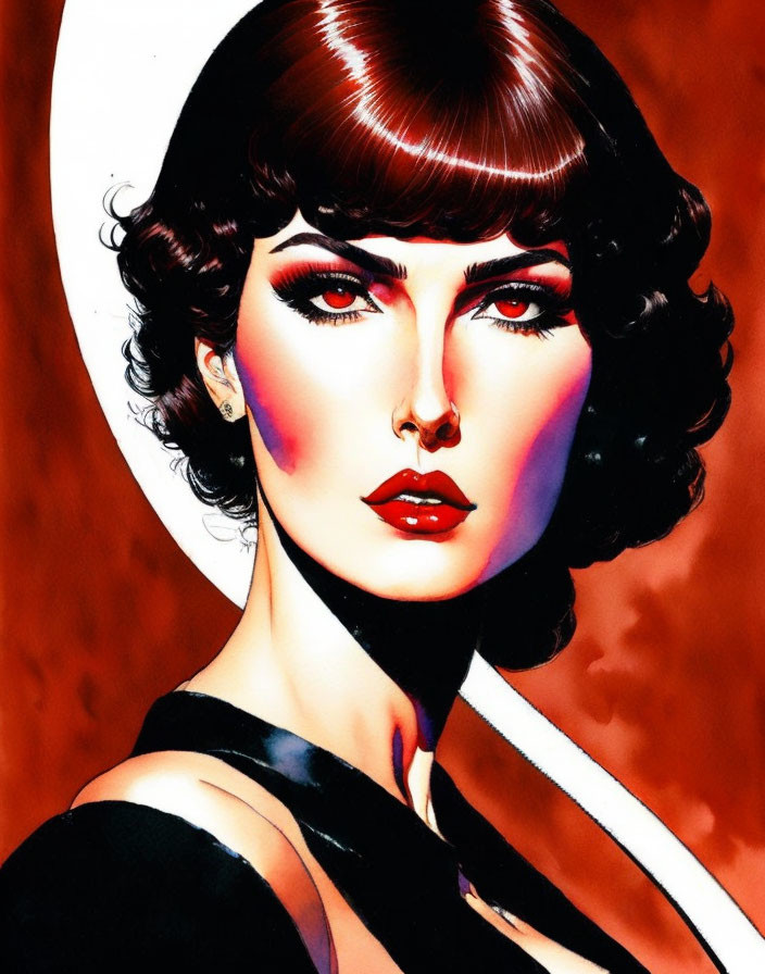 Vintage Hairstyle Woman Illustration with Red Lipstick and Eye Makeup