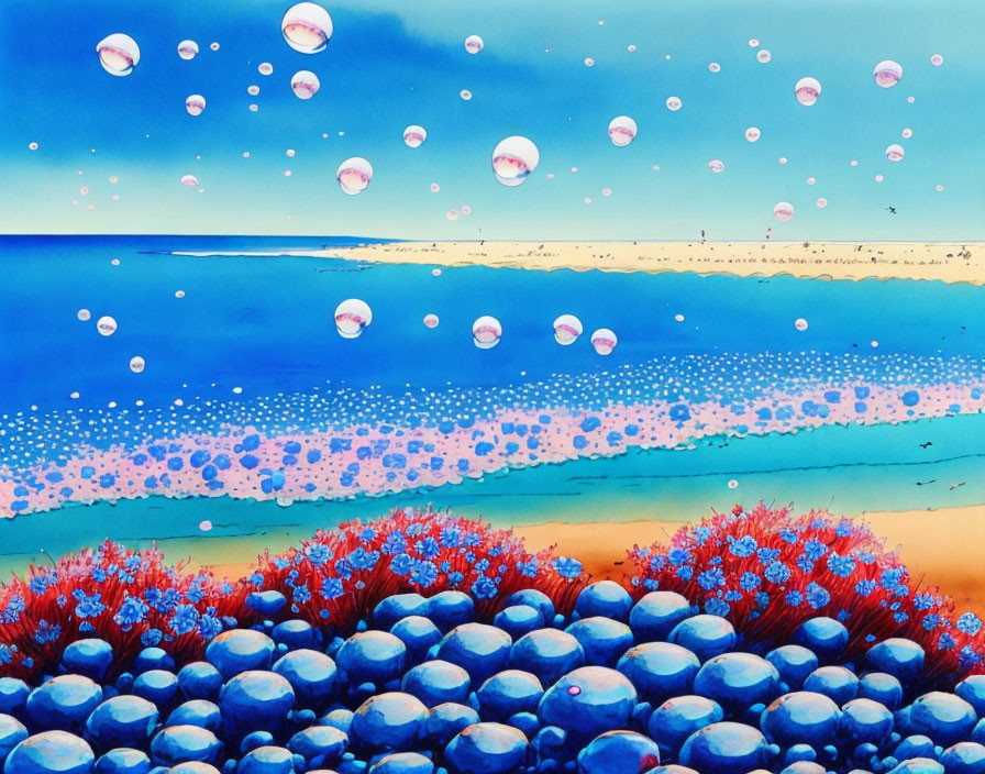 Colorful surreal landscape with blue pebbles, red coral, and pink bubbles above tranquil sea