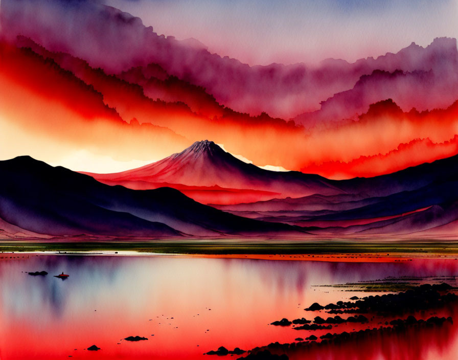 Tranquil landscape watercolor painting: reflective lake, distant mountain, red and pink sky