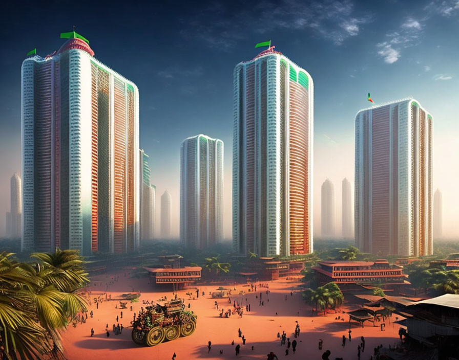 Futuristic cityscape with tall skyscrapers and bustling crowd.