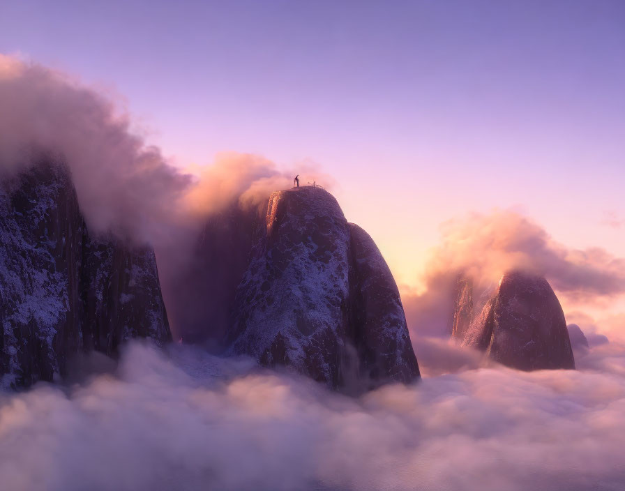 Person standing on misty mountain pinnacle at purple sunrise with enveloping clouds