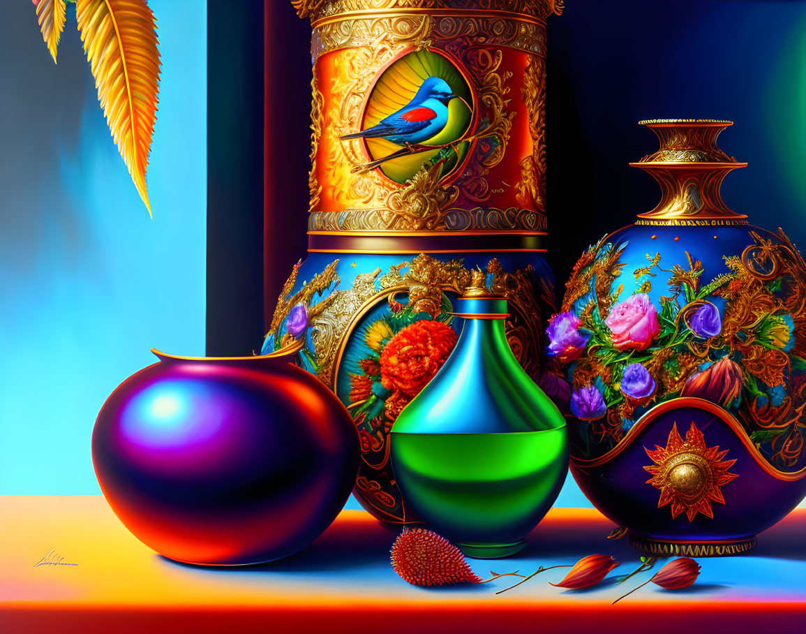 Colorful bird on decorated vase with glossy pottery and green bottle