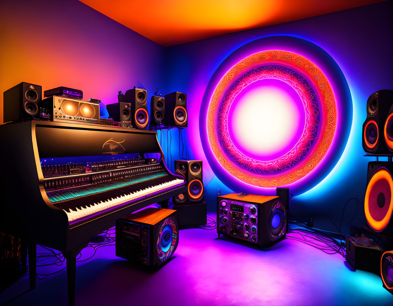 Colorful Music Studio with Grand Piano & Psychedelic Lighting