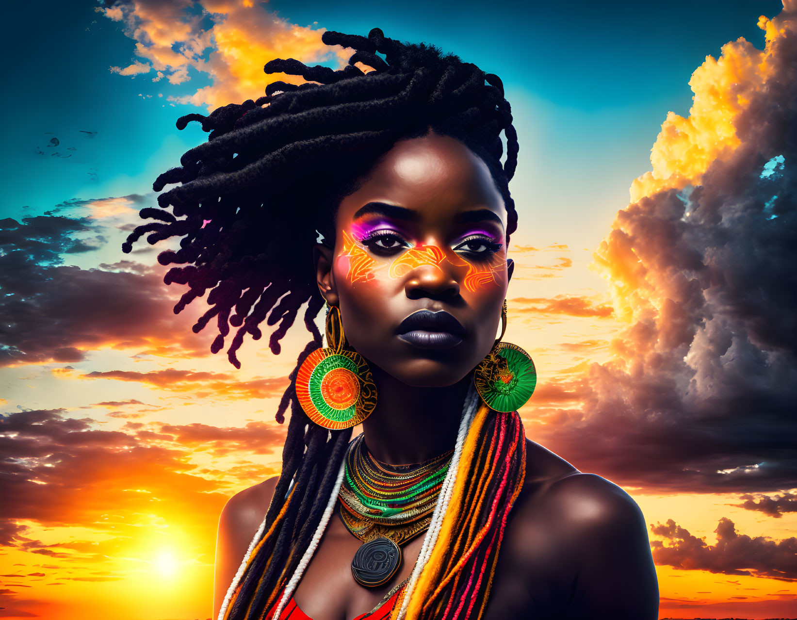 Vibrant woman with face paint and dreadlocks in sunset portrait