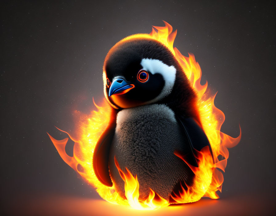 Cute penguin in animated flames on dark background