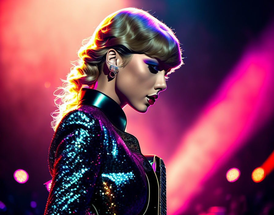 Blonde woman in sequined attire on pink and purple bokeh.