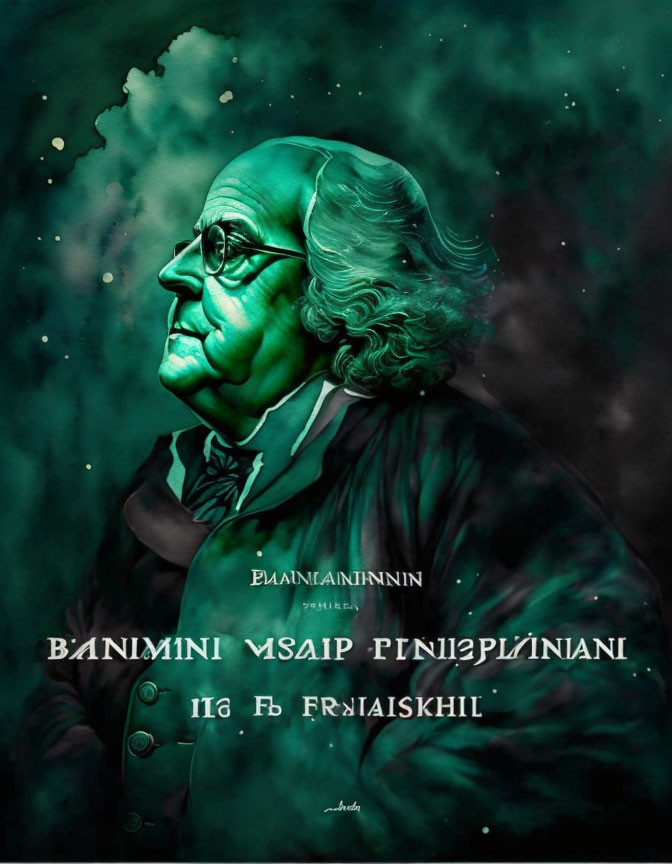 Stylized portrait of historical male figure in green coat against nebula background