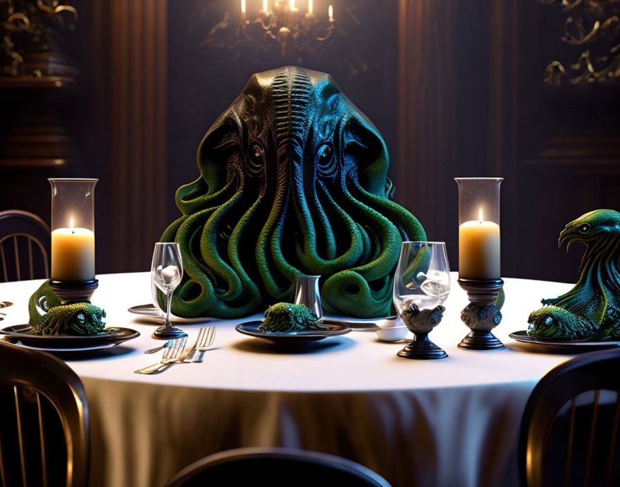 Surreal octopus-headed figure in dimly lit dinner scene