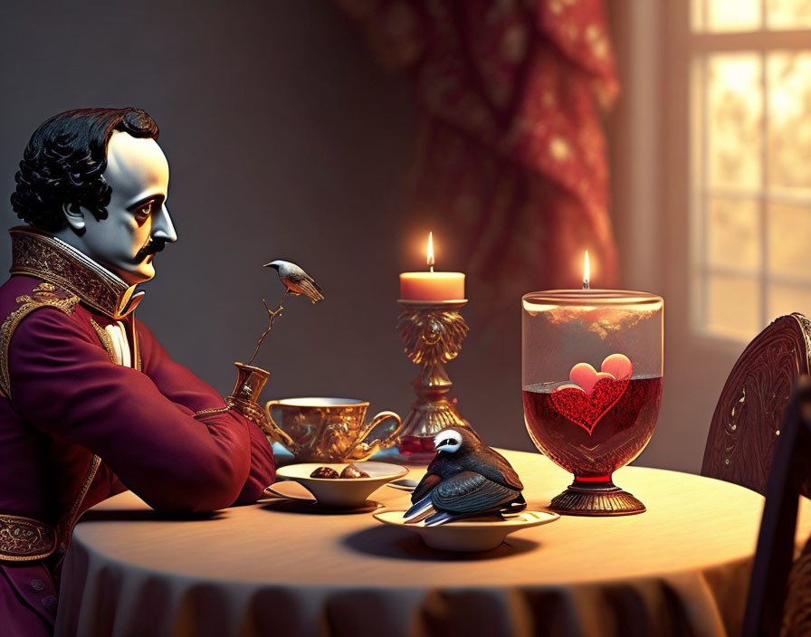 Man with bird-like face at elegant table with bird, candles, and heart-shaped glass.