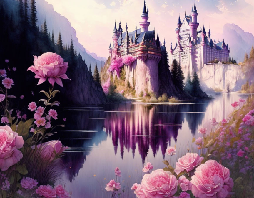 Fantastical castle with spires and towers reflected in serene lake at dusk