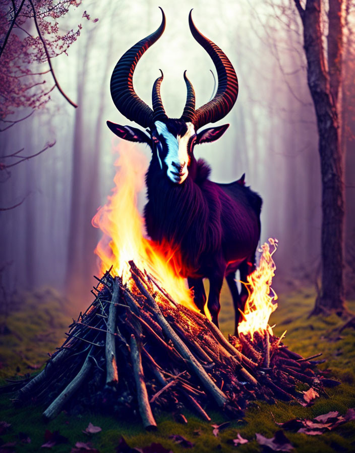 Majestic goat with large horns by bonfire in twilight forest