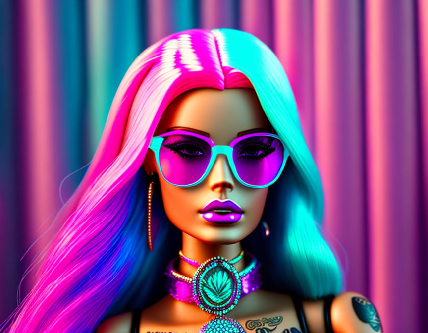 Colorful digital illustration: Woman with neon pink hair, tattoos, and glowing makeup.