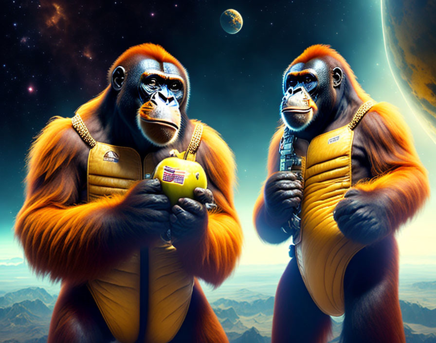 Gorillas in space suits with gun and walkie-talkie in cosmic setting