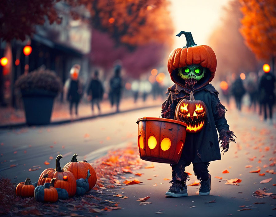 Child in pumpkin costume with glowing eyes strolling down autumn street