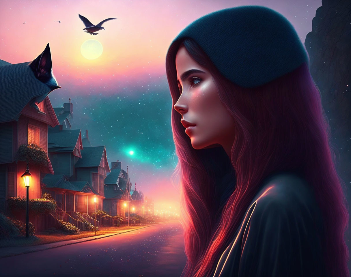 Digital artwork: Young woman profile at dusk with colorful skies, houses, and flying bird