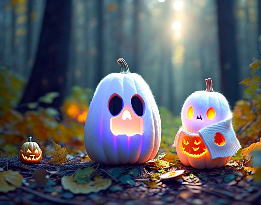 Three glowing jack-o'-lanterns in twilight forest among fallen leaves