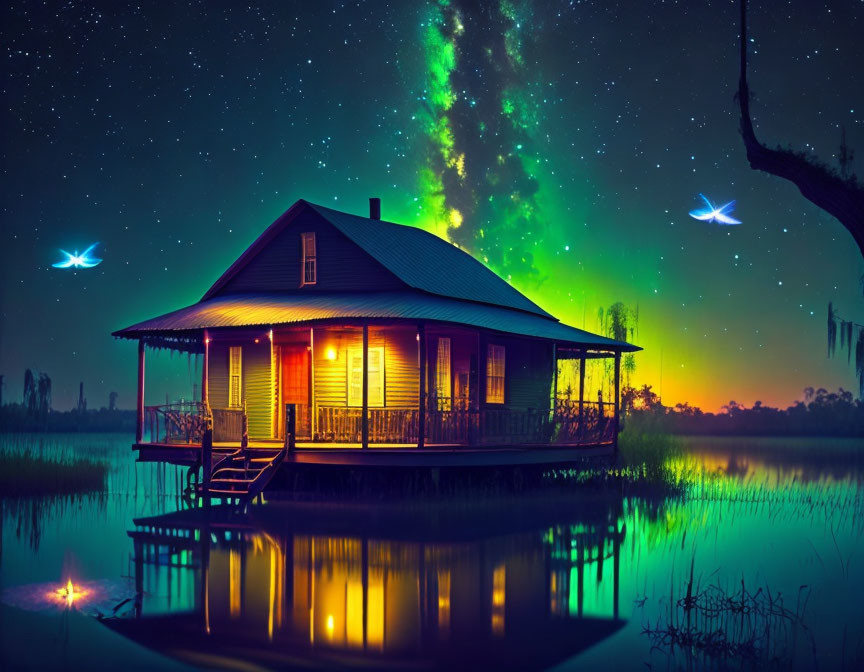 Tranquil lakeside house under starry sky with aurora and fireflies