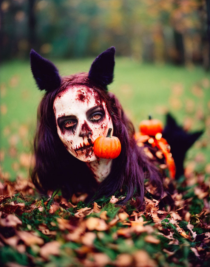 Person in skull makeup with cat ears holding pumpkin in autumn leaves