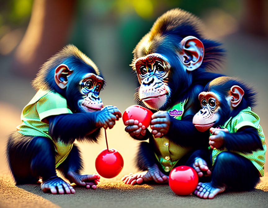 Colorful shirts chimpanzees playing with red cups on sunlit path