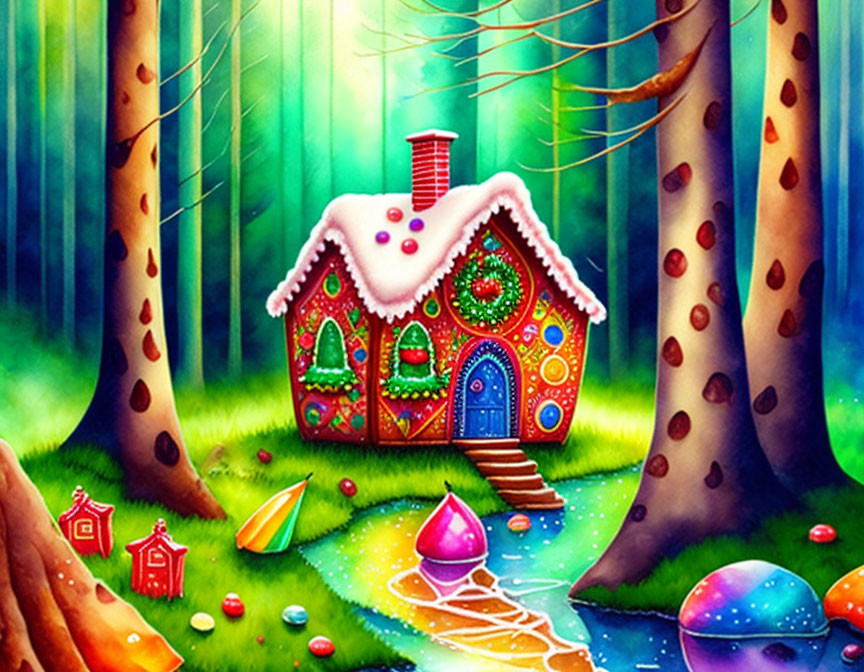 Colorful whimsical gingerbread house in enchanted forest with candy path