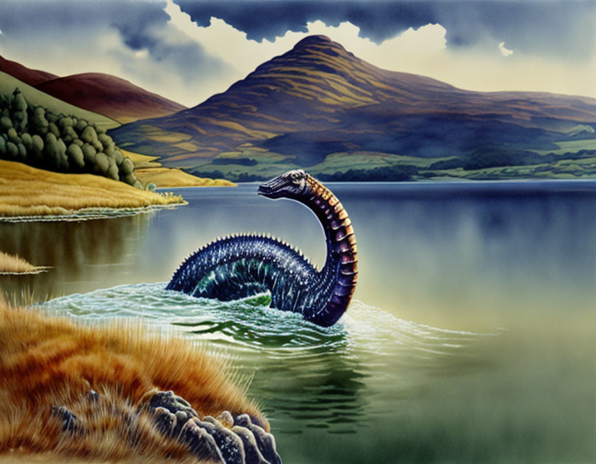 Serpent-like creature emerges from serene lake scene