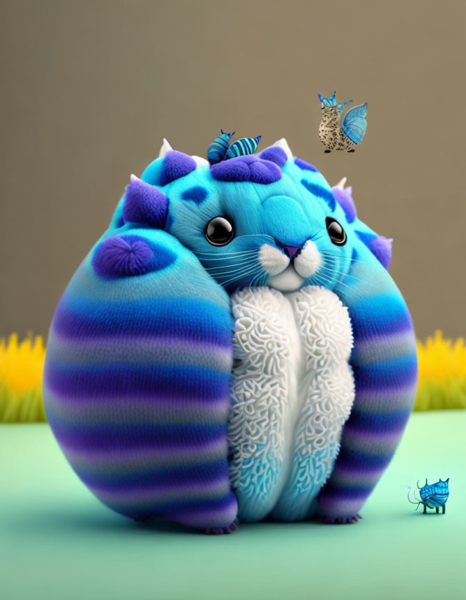 Chubby blue and purple fantasy creature with large eyes, butterfly, and snail