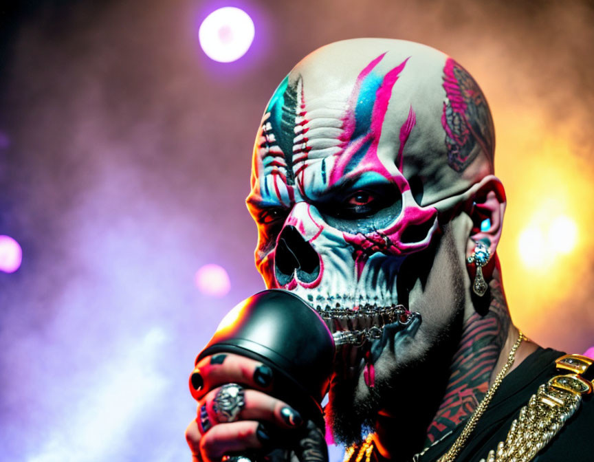 Skull face paint person with piercings holding a microphone under stage lights