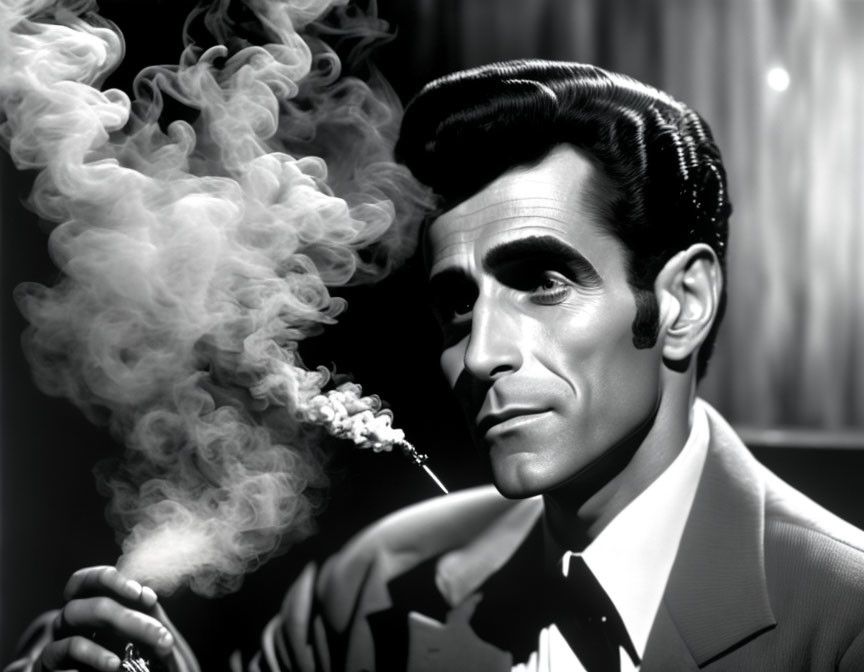 Monochrome image of a stylish man smoking, with slicked-back hair and intense gaze