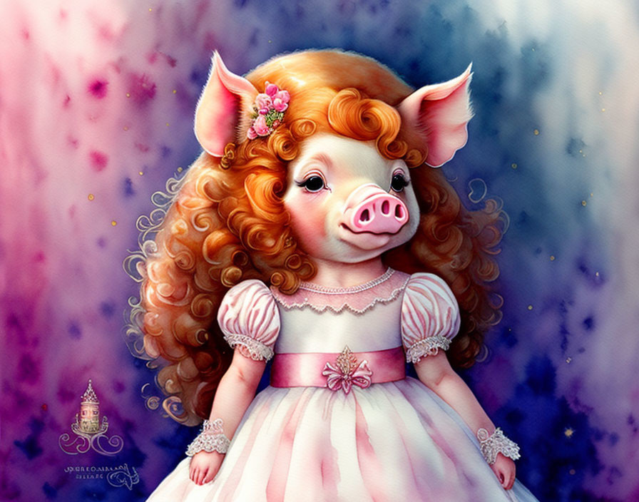 Anthropomorphic pig illustration in pink dress with curly hair on whimsical purple-blue background